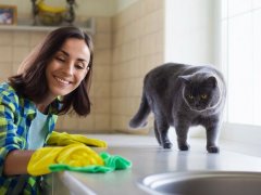 Is vinegar bad for cats? Woman cleaning with cat nearby