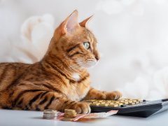 Beautiful Bengal cat sits with a pile of money and a calculator.