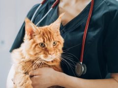 Vet holding stethoscope and ginger Maine Coon cat