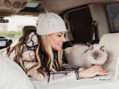 A woman lays in the back of a van on a laptop with a long-haired cat at her side.